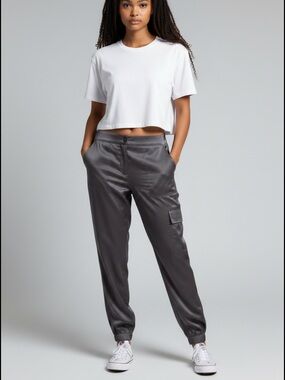 Go silk pants, silk Woven Cargo Jogger Pants in silver gray size small